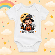 Baby Body Halloween Personalisiert mit Wunschname Weißer Kurzarm Body aus Baumwolle Süße Halloween Motive Geschenk Jungen Mädchen Neugeborene Geburt Taufe, Zauberer