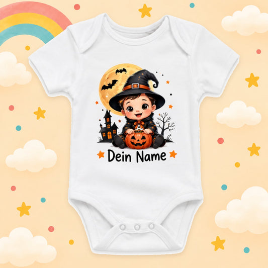 Baby Body Halloween Personalisiert mit Wunschname Weißer Kurzarm Body aus Baumwolle Süße Halloween Motive Geschenk Jungen Mädchen Neugeborene Geburt Taufe, Zauberer