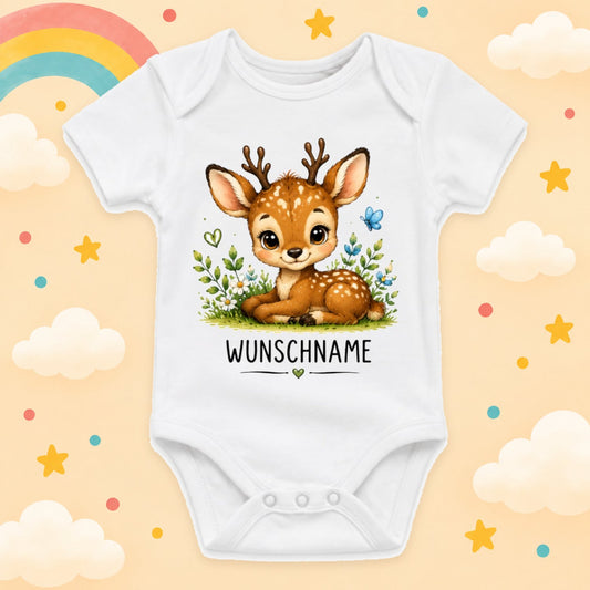 Babybody Motiv Reh personalisiert mit Wunschname unisex Individuell bedruckt kurzarm Baumwolle weiß süßes Tiermotiv Geschenk zur Geburt, Taufe & Babyparty