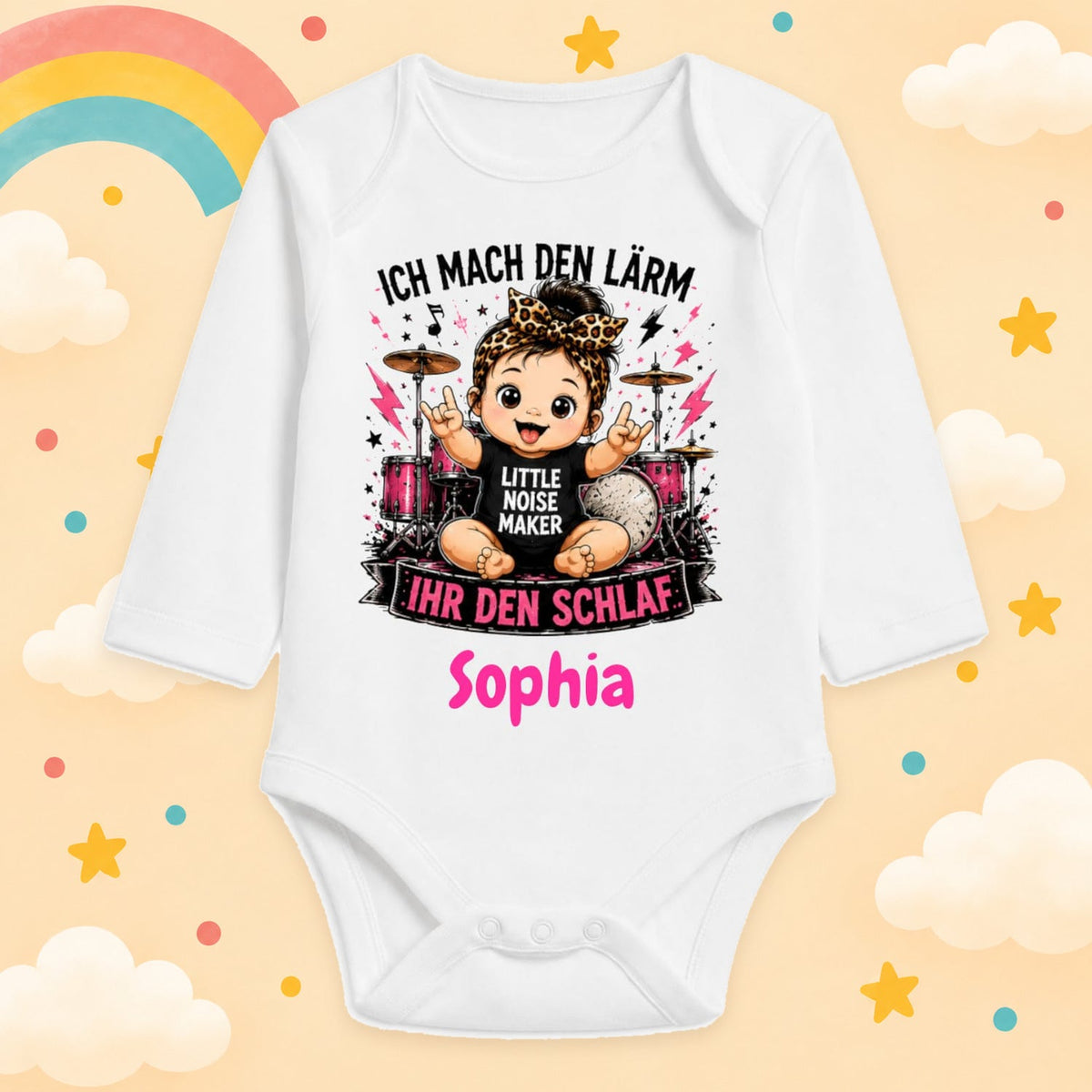 Babybody Mädchen personalisiert mit Name Langarm Rock & Metal Baby Body mit Wunschname Rocker Baby Geschenk zur Geburt, Ich mach den Lärm
