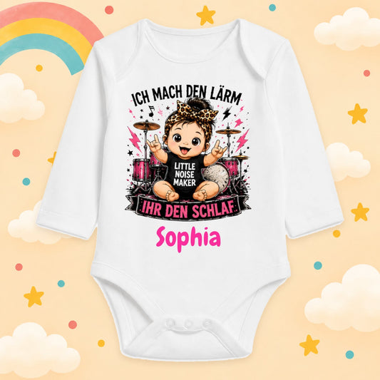 Babybody Mädchen personalisiert mit Name Langarm Rock & Metal Baby Body mit Wunschname Rocker Baby Geschenk zur Geburt, Ich mach den Lärm