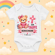Personalisierter Babybody Taufe Mädchen mit Name & Datum – Taufbody Kurzarm – Geschenk zur Taufe – Taufgeschenk Baby – verschiedene Taufmotive mit Wunschname, Bär