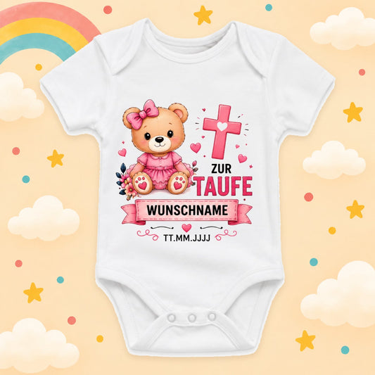 Personalisierter Babybody Taufe Mädchen mit Name & Datum – Taufbody Kurzarm – Geschenk zur Taufe – Taufgeschenk Baby – verschiedene Taufmotive mit Wunschname, Bär