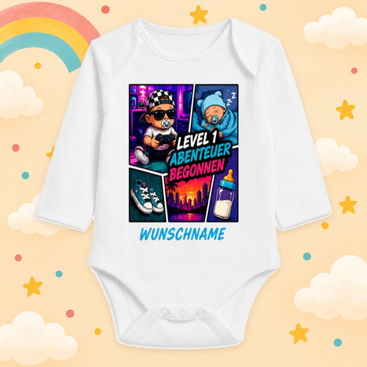 Babybody Personalisierter Gaming & Videospiel Zocker Motiv Langarm mit Wunschname Neon Großstadt Gamer Baby Outfit Baumwolle Weiß Geschenk Taufe Geburt, Level 1 Abenteuer begonnen