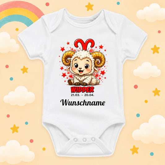 Babybody Sternzeichen Personalisiert mit Wunschname Weißer Kurzarm Baby Body aus Baumwolle – Geschenk zur Geburt, Taufe, Babyparty unisex für Jungen & Mädchen, Widder