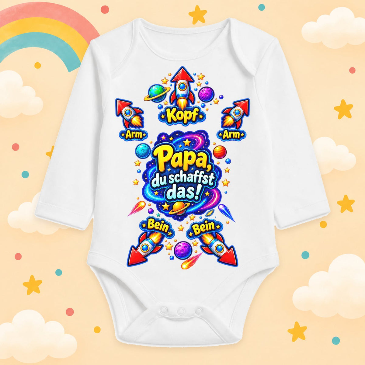 Babybody Langarm Papa du schaffst das – Lustiger Spruchbody mit Anziehanleitung, Raketen & Weltraum-Motiv – 100 % Baumwolle – Geschenk für Papa zur Geburt – Weiß