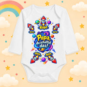 Babybody Langarm Papa du schaffst das – Lustiger Spruchbody mit Anziehanleitung, Raketen & Weltraum-Motiv – 100 % Baumwolle – Geschenk für Papa zur Geburt – Weiß