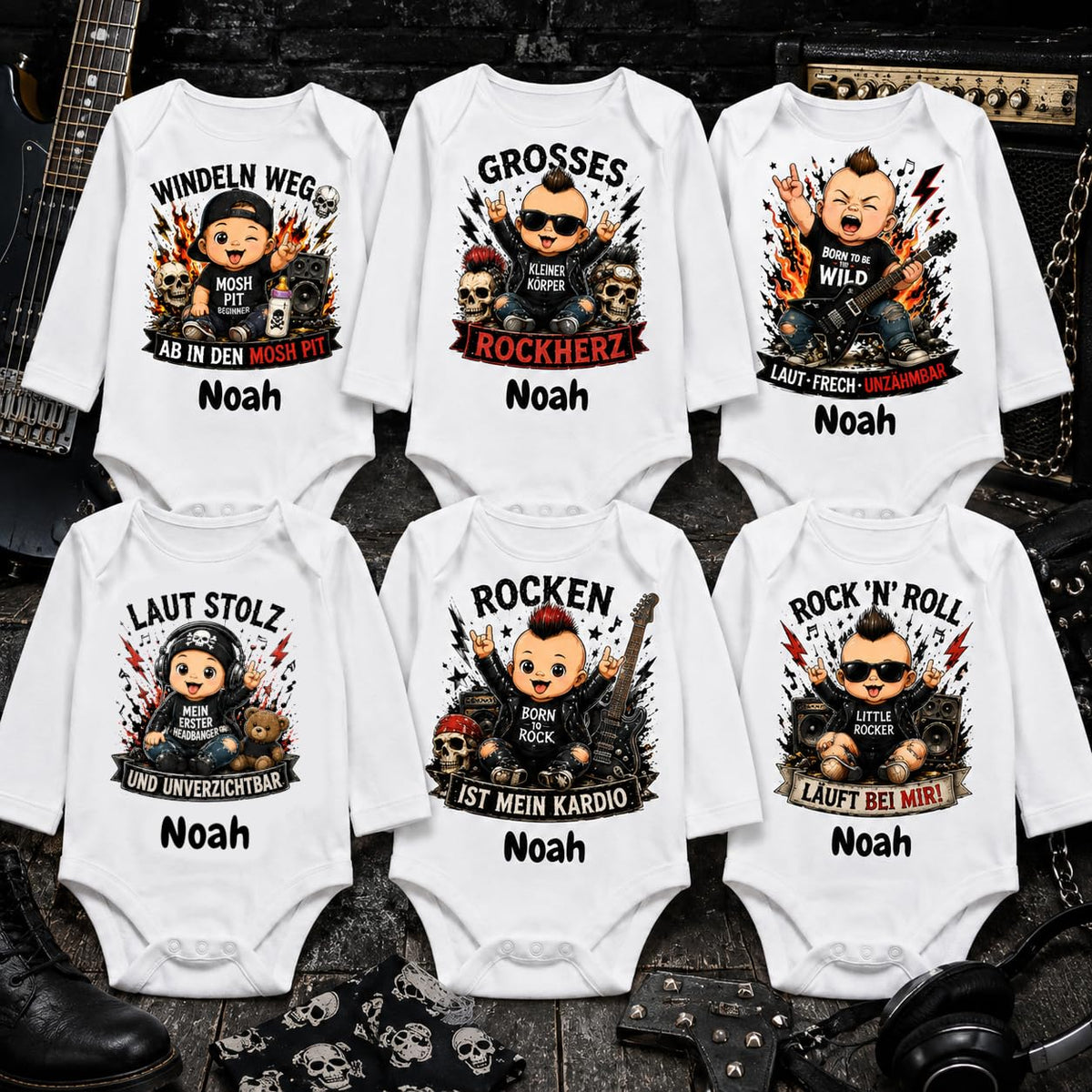 Personalisierter Babybody Langarm mit Name Rock & Metal Baby Body mit Wunschname Lustige Rocker Motive für Jungen & Mädchen Geschenk zur Geburt, Großes Rockherz – Produktansicht 2