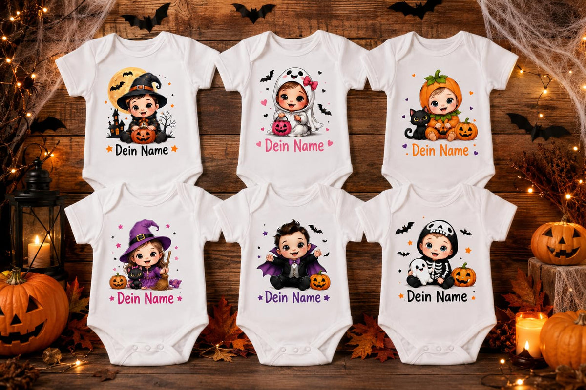 Baby Body Halloween Personalisiert mit Wunschname Weißer Kurzarm Body aus Baumwolle Süße Halloween Motive Geschenk Jungen Mädchen Neugeborene Geburt Taufe, Kürbis – Produktansicht 2