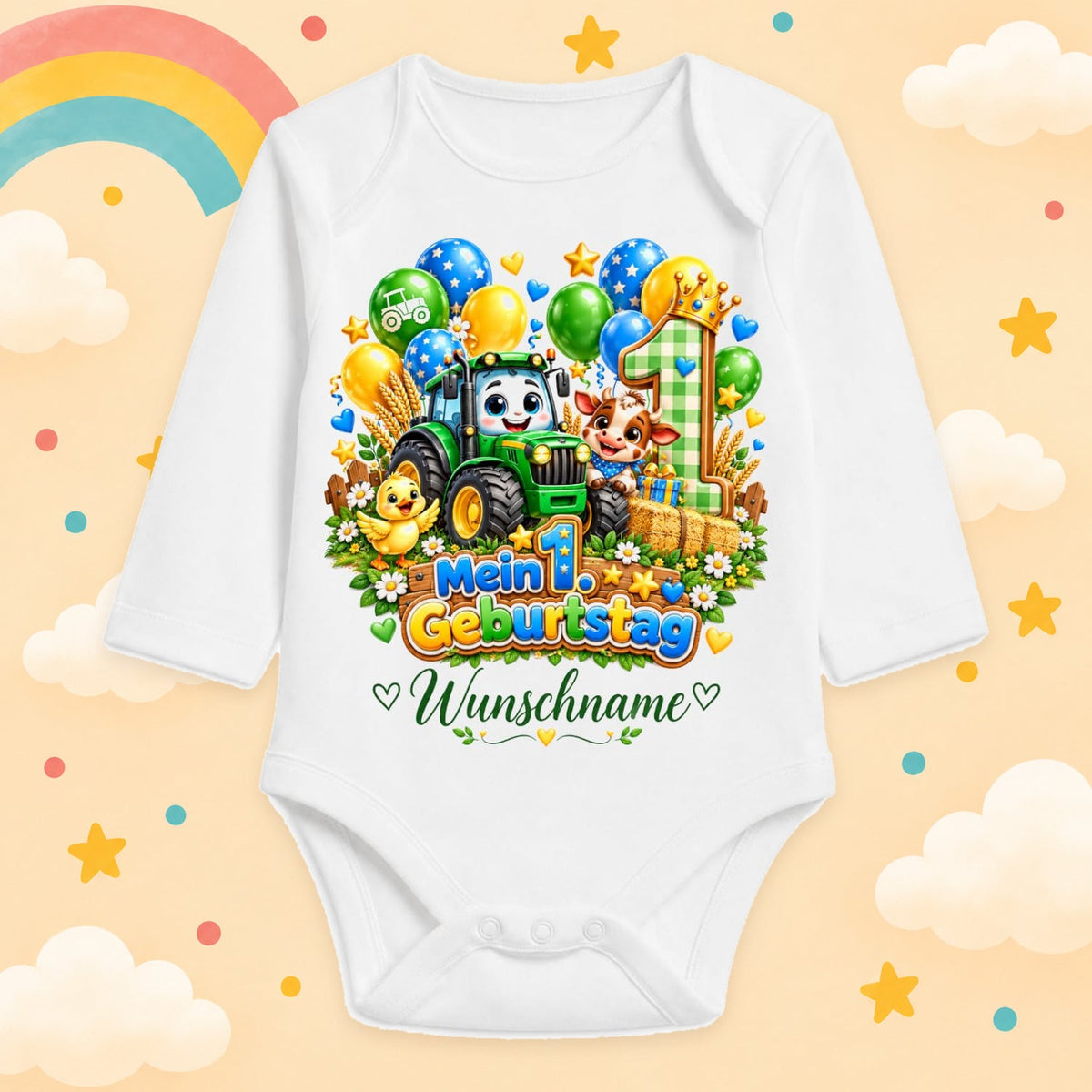 Baby Body 1. Geburtstag personalisiert mit Name - Langarmbody Jungen aus Baumwolle - Geschenk zum ersten Lebensjahr, Bauernhof