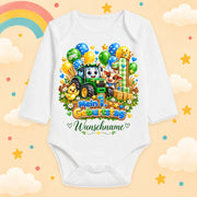 Baby Body 1. Geburtstag personalisiert mit Name - Langarmbody Jungen aus Baumwolle - Geschenk zum ersten Lebensjahr, Bauernhof
