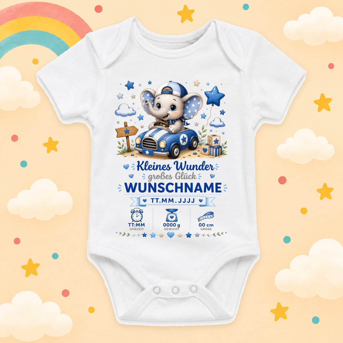 Babybody Geburtsdaten Personalisiert Junge Wunschname Elefant Motiv Kleines Wunder Weißer Kurzarm Body aus Baumwolle Individuelles Geburtsmotiv Baby Geschenk zur Geburt, Taufe & Babyparty