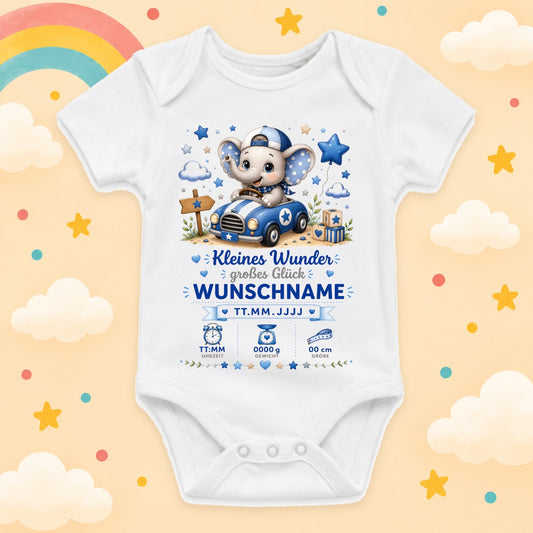 Babybody Geburtsdaten Personalisiert Junge Wunschname Elefant Motiv Kleines Wunder Weißer Kurzarm Body aus Baumwolle Individuelles Geburtsmotiv Baby Geschenk zur Geburt, Taufe & Babyparty