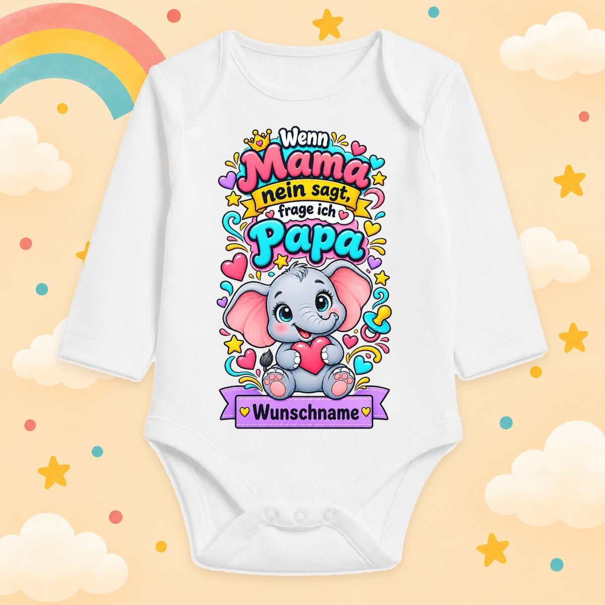 Babybody Langarm personalisiert mit Wunschname – Wenn Mama nein sagt, frage ich Papa – Süßer Elefant – Weißer Sprüchebody für Jungen und Mädchen – Geschenk zur Geburt und Babyparty