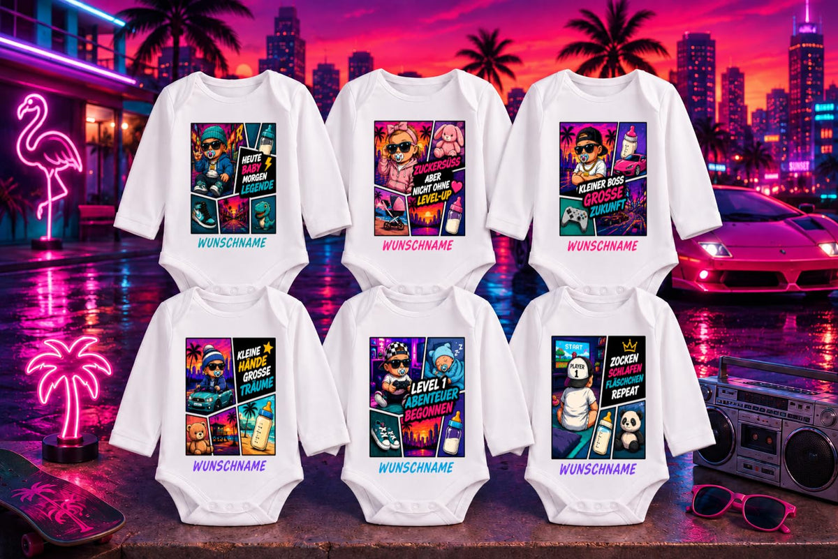 Babybody Personalisierter Gaming & Videospiel Zocker Motiv Langarm mit Wunschname Neon Großstadt Gamer Baby Outfit Baumwolle Weiß Geschenk Taufe Geburt, Kleine Hände große Träume – Produktansicht 2