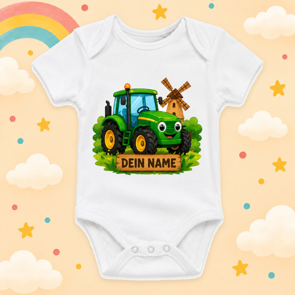 Personalisierter Babybody Bauernhof Hoftiere mit Wunschname – Weißer Kurzarm Baby Body aus Baumwolle Baby Geschenk Geburt Junge Mädchen, Traktor