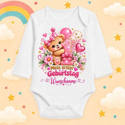 Baby Body Mädchen 1. Geburtstag personalisiert mit Name – Langarmbody Baumwolle – Geburtstagsbody Wunschname – verschiedene Größen, Bär