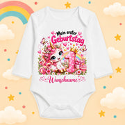 Baby Body Mädchen 1. Geburtstag personalisiert mit Name – Langarmbody Baumwolle – Geburtstagsbody Wunschname – verschiedene Größen, Einhorn