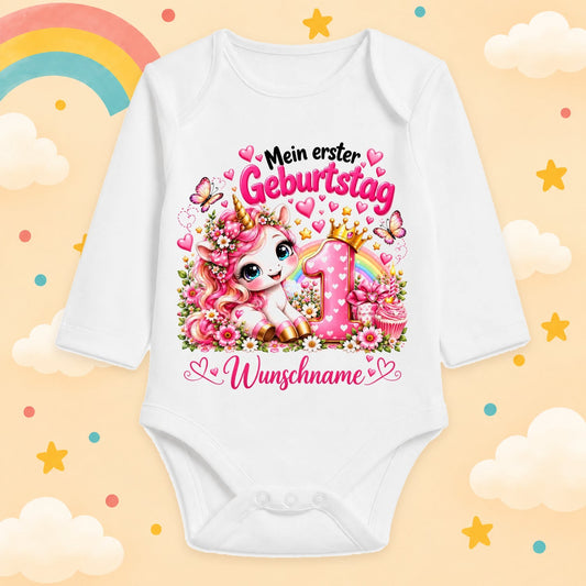 Baby Body Mädchen 1. Geburtstag personalisiert mit Name – Langarmbody Baumwolle – Geburtstagsbody Wunschname – verschiedene Größen, Einhorn