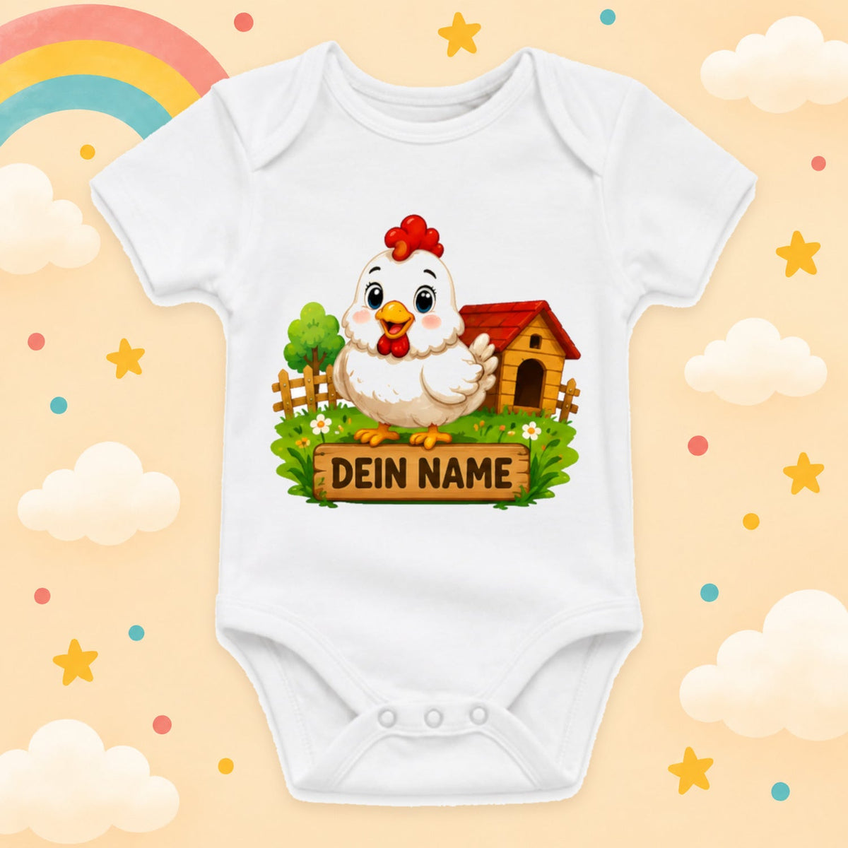 Personalisierter Babybody Bauernhof Hoftiere mit Wunschname – Weißer Kurzarm Baby Body aus Baumwolle Baby Geschenk Geburt Junge Mädchen, Huhn
