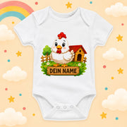 Personalisierter Babybody Bauernhof Hoftiere mit Wunschname – Weißer Kurzarm Baby Body aus Baumwolle Baby Geschenk Geburt Junge Mädchen, Huhn
