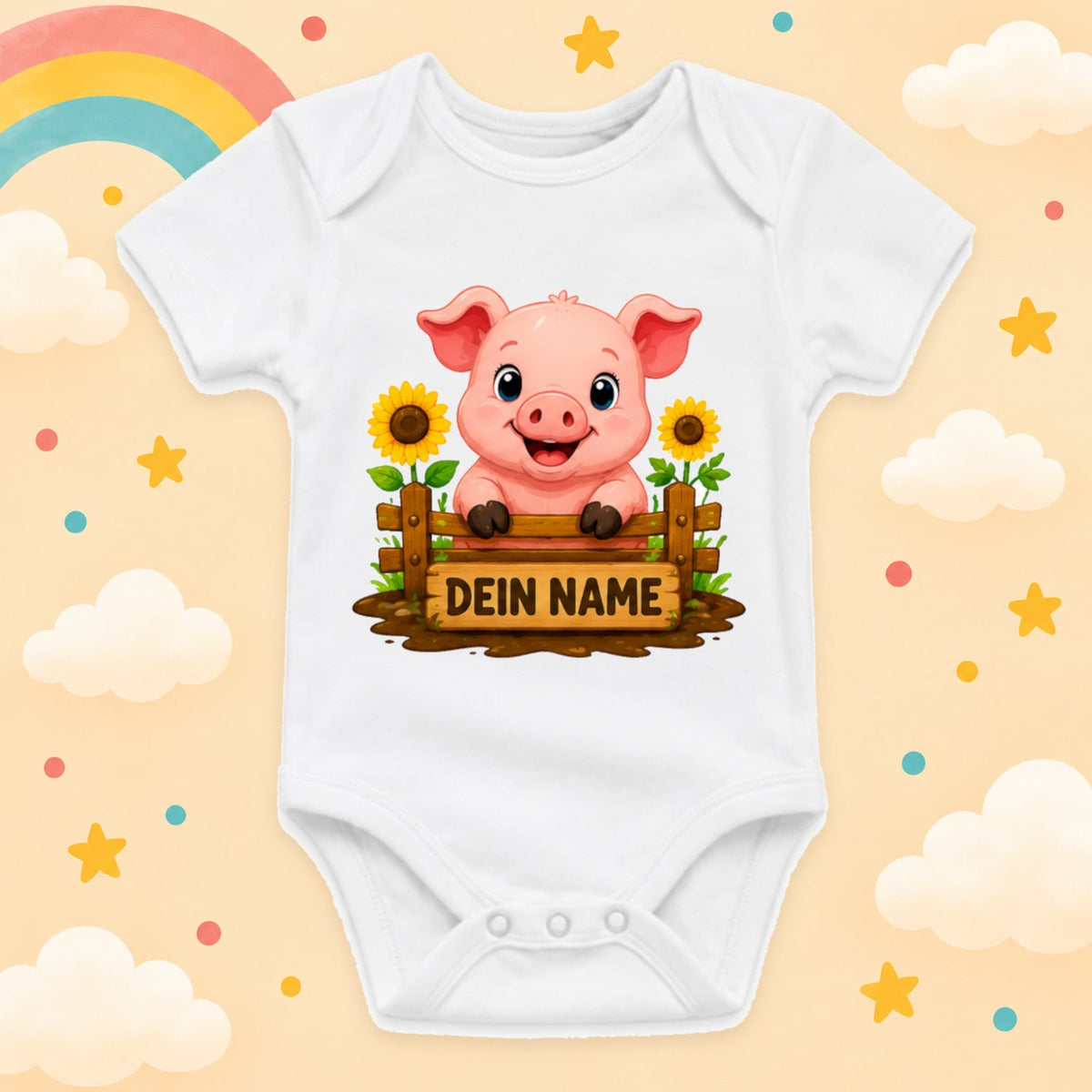 Personalisierter Babybody Bauernhof Hoftiere mit Wunschname – Weißer Kurzarm Baby Body aus Baumwolle Baby Geschenk Geburt Junge Mädchen, Schwein