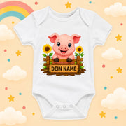 Personalisierter Babybody Bauernhof Hoftiere mit Wunschname – Weißer Kurzarm Baby Body aus Baumwolle Baby Geschenk Geburt Junge Mädchen, Schwein