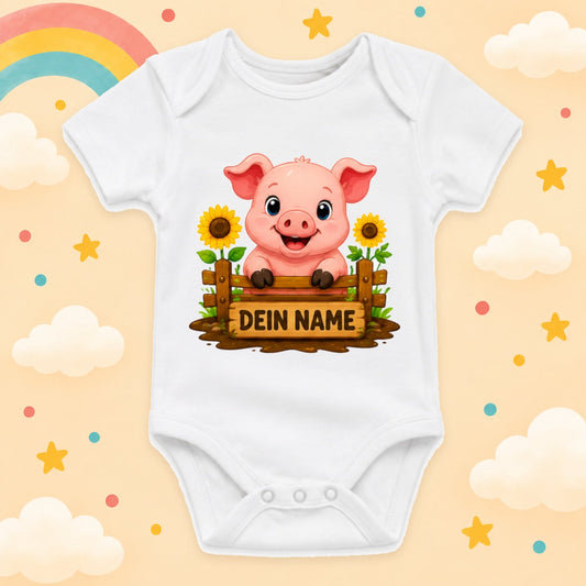 Personalisierter Babybody Bauernhof Hoftiere mit Wunschname – Weißer Kurzarm Baby Body aus Baumwolle Baby Geschenk Geburt Junge Mädchen, Schwein