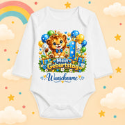 Baby Body 1. Geburtstag personalisiert mit Name - Langarmbody Jungen aus Baumwolle - Geschenk zum ersten Lebensjahr, Löwe
