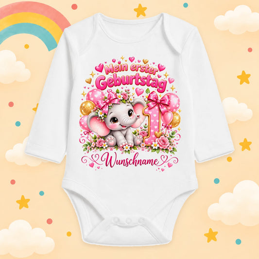 Baby Body Mädchen 1. Geburtstag personalisiert mit Name – Langarmbody Baumwolle – Geburtstagsbody Wunschname – verschiedene Größen, Elefant