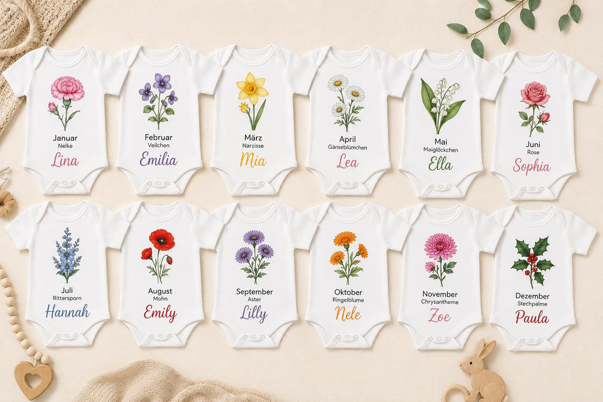 Personalisierter Babybody Geburtsblume mit Wunschname Weißer Kurzarm Baby Body aus Baumwolle – Geschenk zur Geburt, Taufe, Babyparty für Jungen & Mädchen, Februar – Produktansicht 2