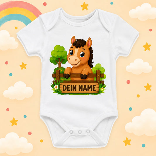 Personalisierter Babybody Bauernhof Hoftiere mit Wunschname – Weißer Kurzarm Baby Body aus Baumwolle Baby Geschenk Geburt Junge Mädchen, Pferd