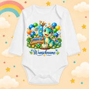 Baby Body 1. Geburtstag personalisiert mit Name - Langarmbody Jungen aus Baumwolle - Geschenk zum ersten Lebensjahr, Dino