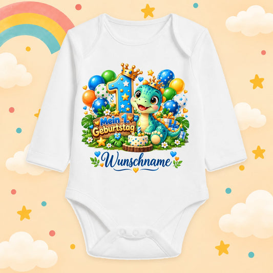 Baby Body 1. Geburtstag personalisiert mit Name - Langarmbody Jungen aus Baumwolle - Geschenk zum ersten Lebensjahr, Dino