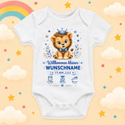 Babybody Geburtsdaten Personalisiert Junge Wunschname Löwe Motiv Willkommen kleiner Weißer Kurzarm Body aus Baumwolle Individuelles Geburtsmotiv Baby Geschenk zur Geburt, Taufe & Babyparty