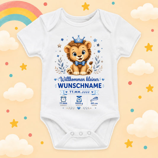 Babybody Geburtsdaten Personalisiert Junge Wunschname Löwe Motiv Willkommen kleiner Weißer Kurzarm Body aus Baumwolle Individuelles Geburtsmotiv Baby Geschenk zur Geburt, Taufe & Babyparty