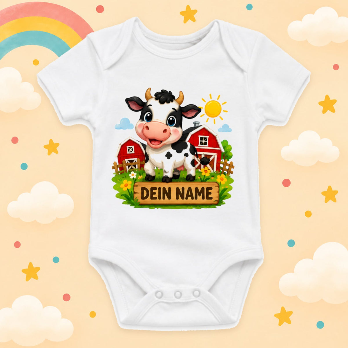 Personalisierter Babybody Bauernhof Hoftiere mit Wunschname – Weißer Kurzarm Baby Body aus Baumwolle Baby Geschenk Geburt Junge Mädchen, Kuh