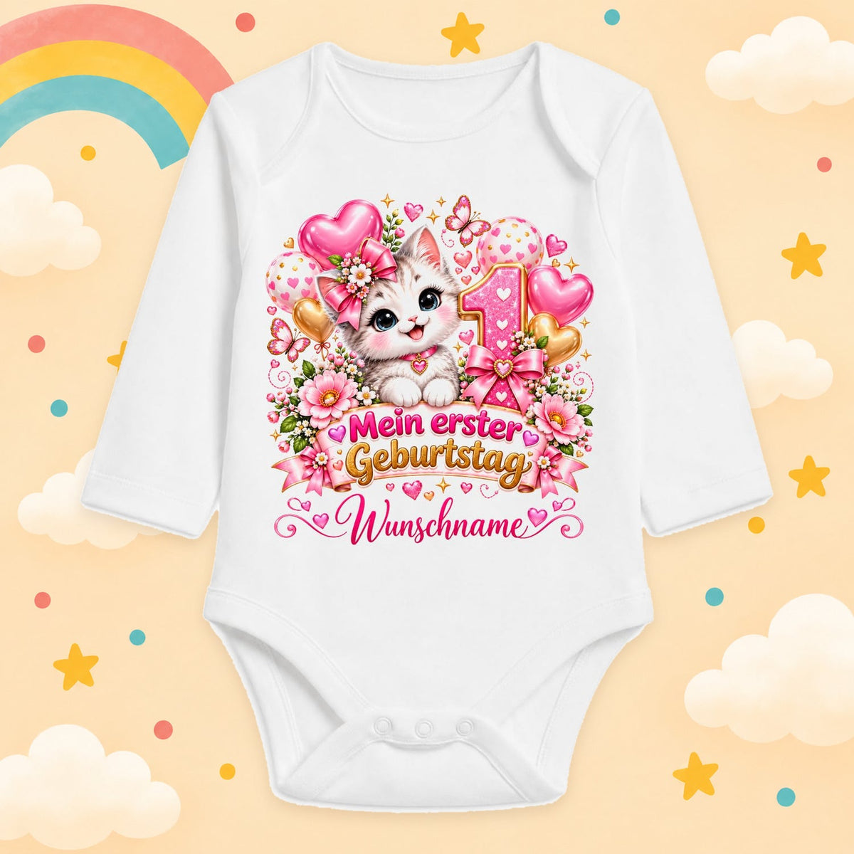 Baby Body Mädchen 1. Geburtstag personalisiert mit Name – Langarmbody Baumwolle – Geburtstagsbody Wunschname – verschiedene Größen, Katze