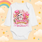 Baby Body Mädchen 1. Geburtstag personalisiert mit Name – Langarmbody Baumwolle – Geburtstagsbody Wunschname – verschiedene Größen, Katze