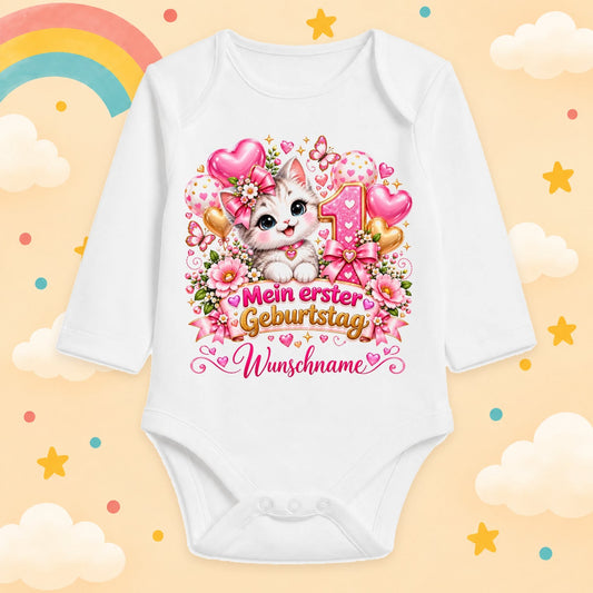 Baby Body Mädchen 1. Geburtstag personalisiert mit Name – Langarmbody Baumwolle – Geburtstagsbody Wunschname – verschiedene Größen, Katze
