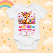 Personalisierter Babybody Mädchen mit Geburtsdaten & Wunschname Reh Motiv weiß Kurzarm Body aus Baumwolle Geburtsmotiv für Mädchen Baby Geschenk zur Geburt Taufe & Babyparty