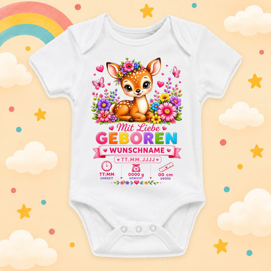 Personalisierter Babybody Mädchen mit Geburtsdaten & Wunschname Reh Motiv weiß Kurzarm Body aus Baumwolle Geburtsmotiv für Mädchen Baby Geschenk zur Geburt Taufe & Babyparty