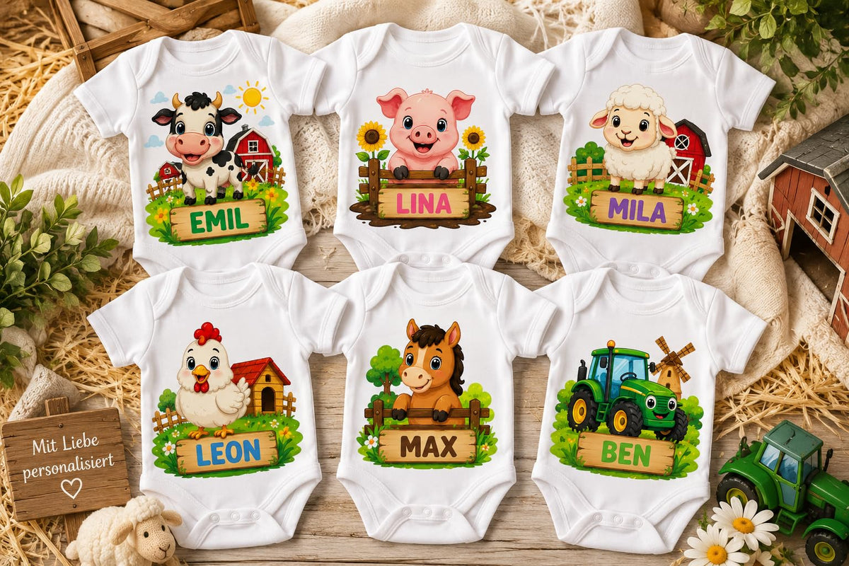 Personalisierter Babybody Bauernhof Hoftiere mit Wunschname – Weißer Kurzarm Baby Body aus Baumwolle Baby Geschenk Geburt Junge Mädchen, Traktor – Produktansicht 2