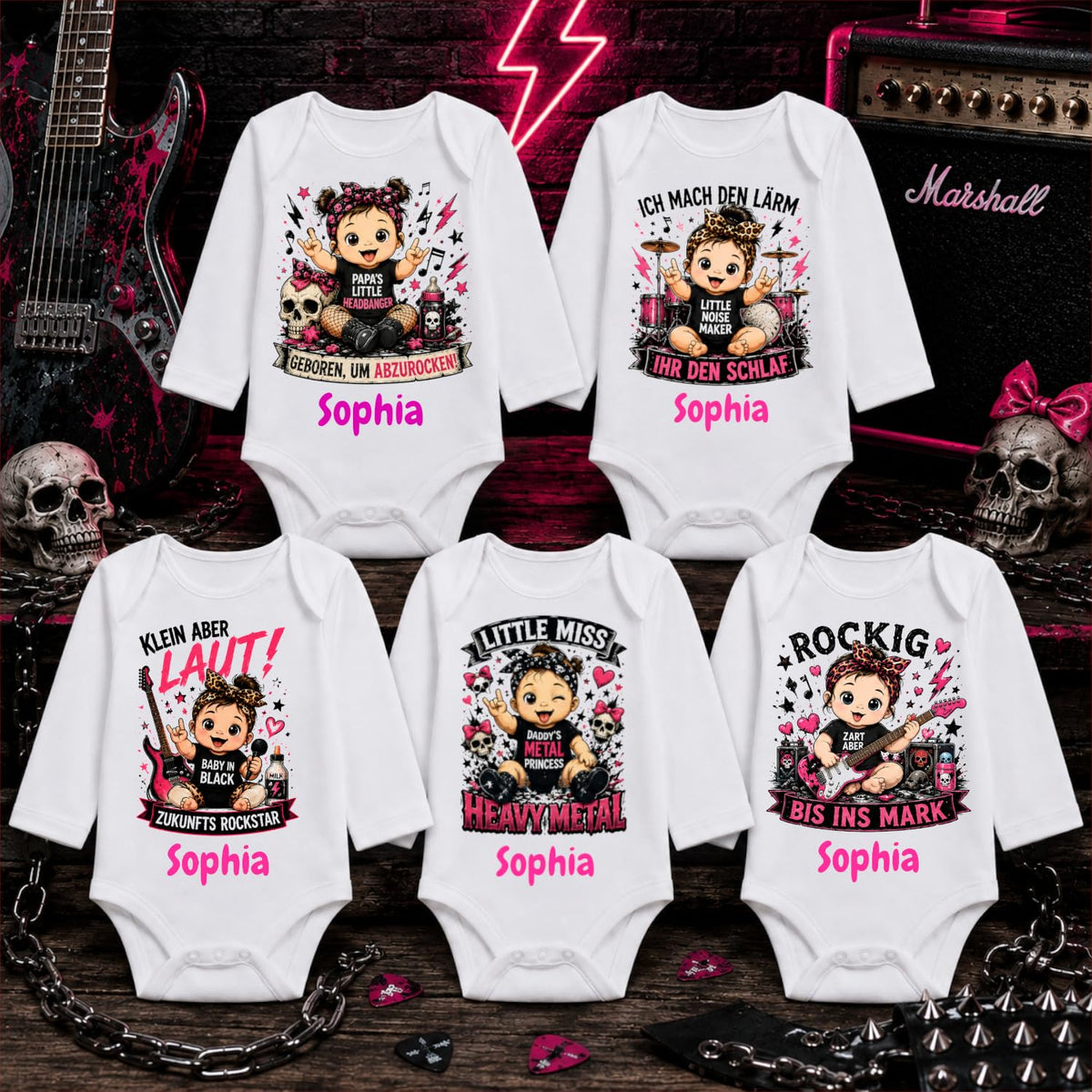Babybody Mädchen personalisiert mit Name Langarm Rock & Metal Baby Body mit Wunschname Rocker Baby Geschenk zur Geburt, Ich mach den Lärm – Produktansicht 2