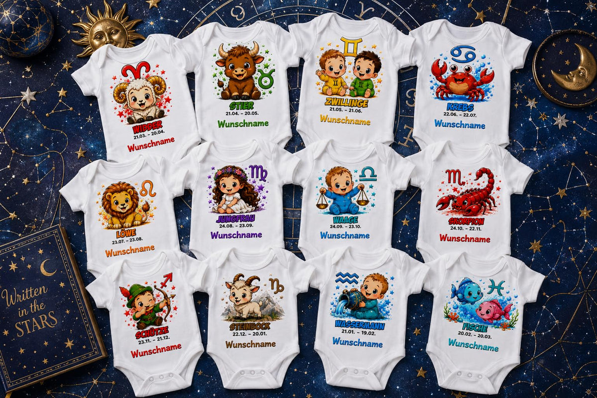 Babybody Sternzeichen Personalisiert mit Wunschname Weißer Kurzarm Baby Body aus Baumwolle – Geschenk zur Geburt, Taufe, Babyparty unisex für Jungen & Mädchen, Schütze – Produktansicht 2