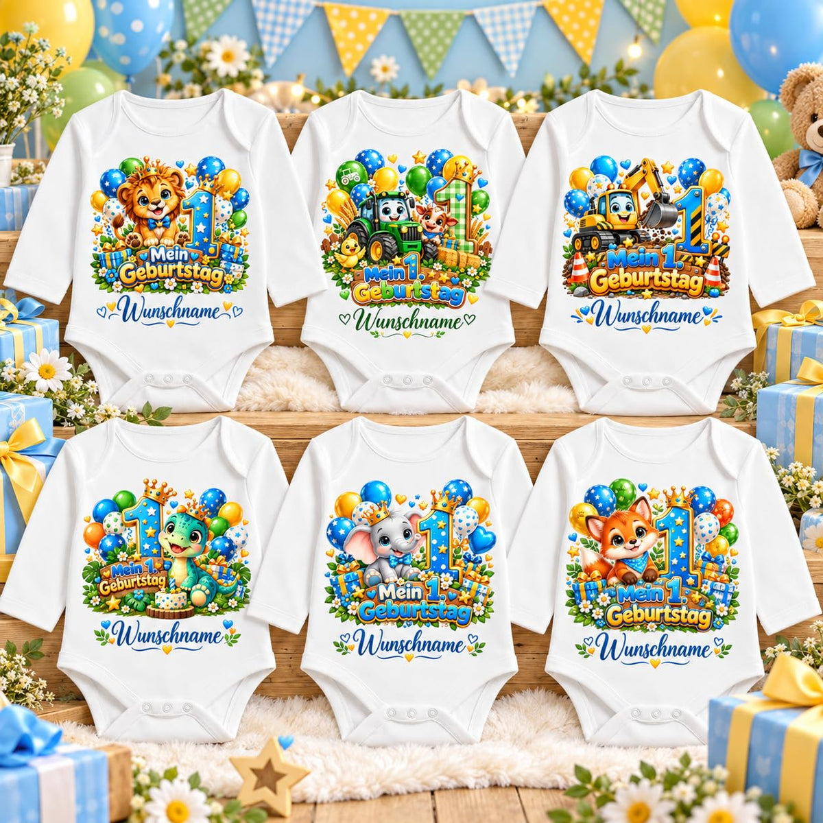 Baby Body 1. Geburtstag personalisiert mit Name - Langarmbody Jungen aus Baumwolle - Geschenk zum ersten Lebensjahr, Baustelle – Produktansicht 2