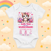 Personalisierter Babybody Mädchen mit Geburtsdaten & Wunschname Katze Motiv Hallo Welt Kurzarm Body aus Baumwolle Geburtsmotiv für Mädchen Baby Geschenk zur Geburt, Taufe & Babyparty