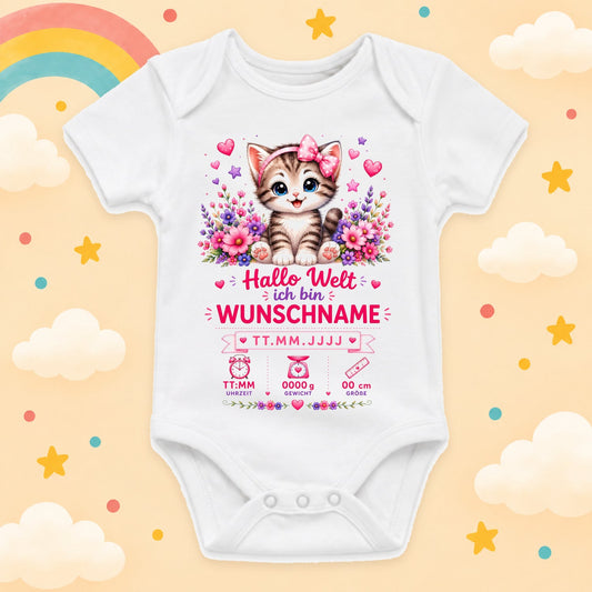 Personalisierter Babybody Mädchen mit Geburtsdaten & Wunschname Katze Motiv Hallo Welt Kurzarm Body aus Baumwolle Geburtsmotiv für Mädchen Baby Geschenk zur Geburt, Taufe & Babyparty