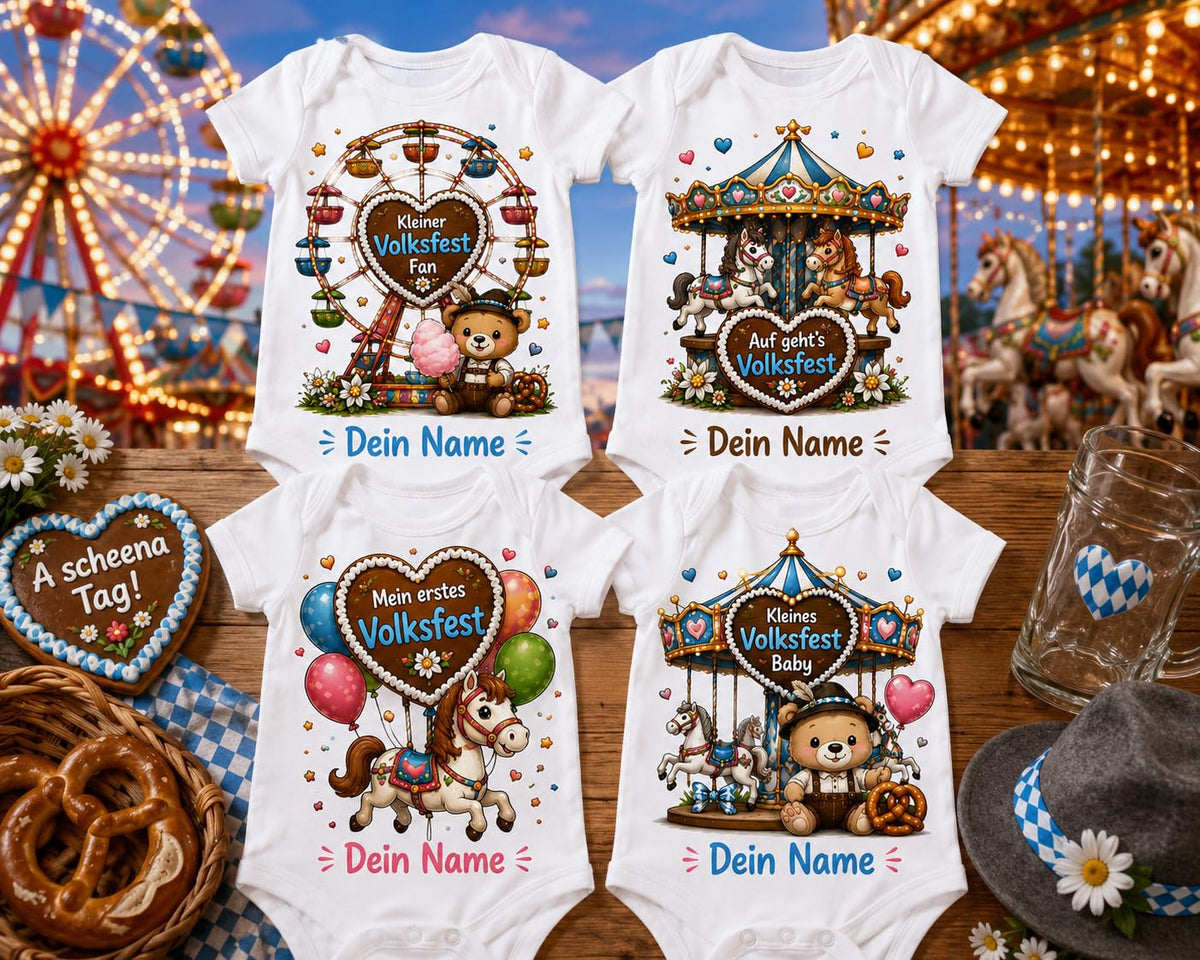 Babybody Volksfest Personalisiert mit Wunschname – Weißer Kurzarm Baby Body aus Baumwolle Riesenrad, Karussell & Kirmes Motive Baby Geschenk Geburt Junge Mädchen, Mein erstes Volksfest – Produktansicht 2