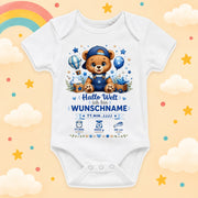 Babybody Geburtsdaten Personalisiert Junge Wunschname Bär Motiv Hallo Welt Weißer Kurzarm Body aus Baumwolle Individuelles Geburtsmotiv Baby Geschenk zur Geburt, Taufe & Babyparty